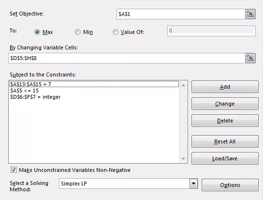 Excel Solver Parameter Entry Interface