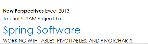 New Perspectives Excel 2013
Tutorial 5: SAM Project 1a
Spring Software
WORKING WTH TABLES, PIVOTTABLES, AND PIVOTCHARTS

Project Goal
M Project Name
Project Goal

